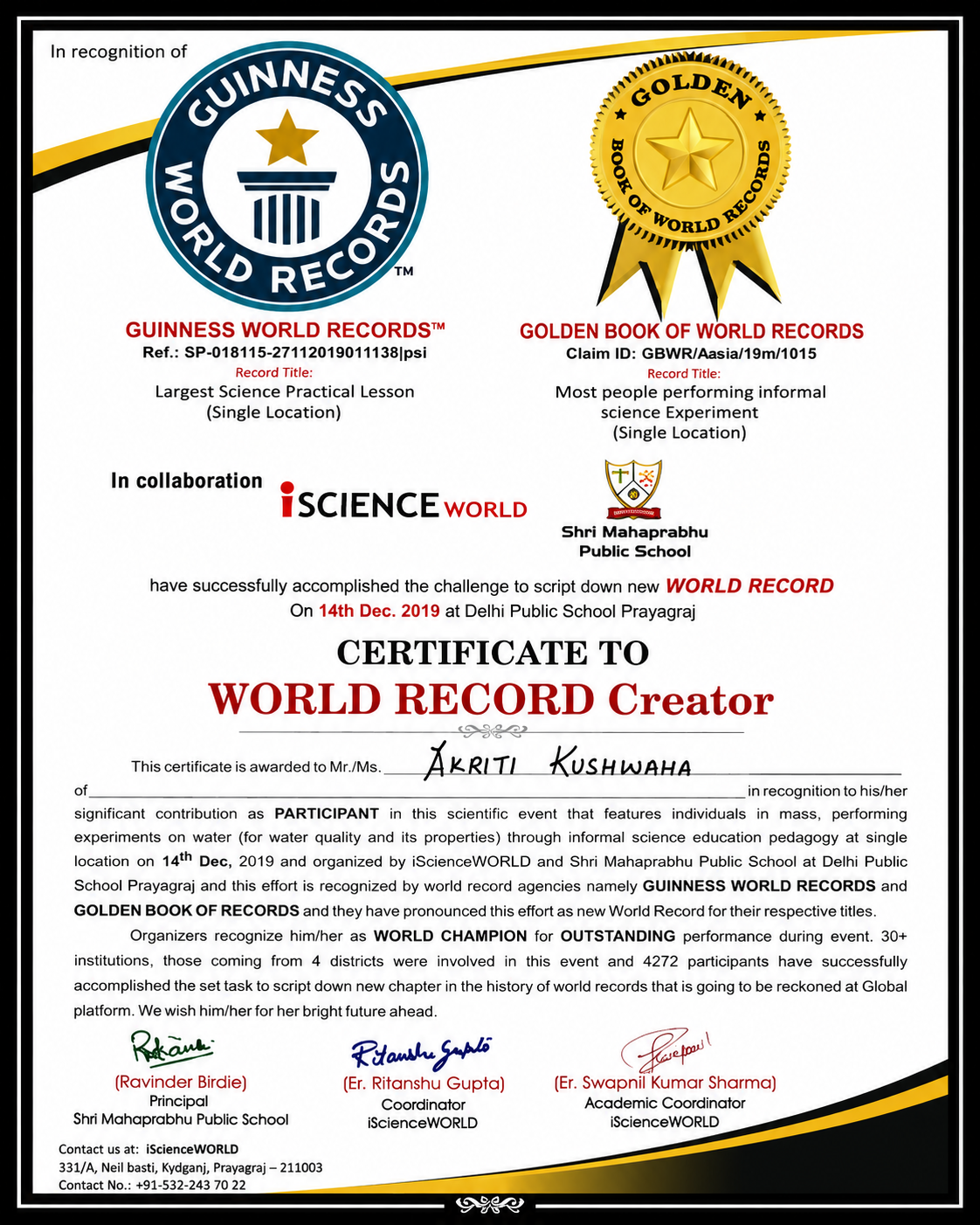 Guinness World Record certificate